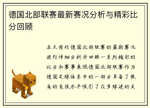 德国北部联赛最新赛况分析与精彩比分回顾