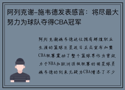 阿列克谢-施韦德发表感言：将尽最大努力为球队夺得CBA冠军